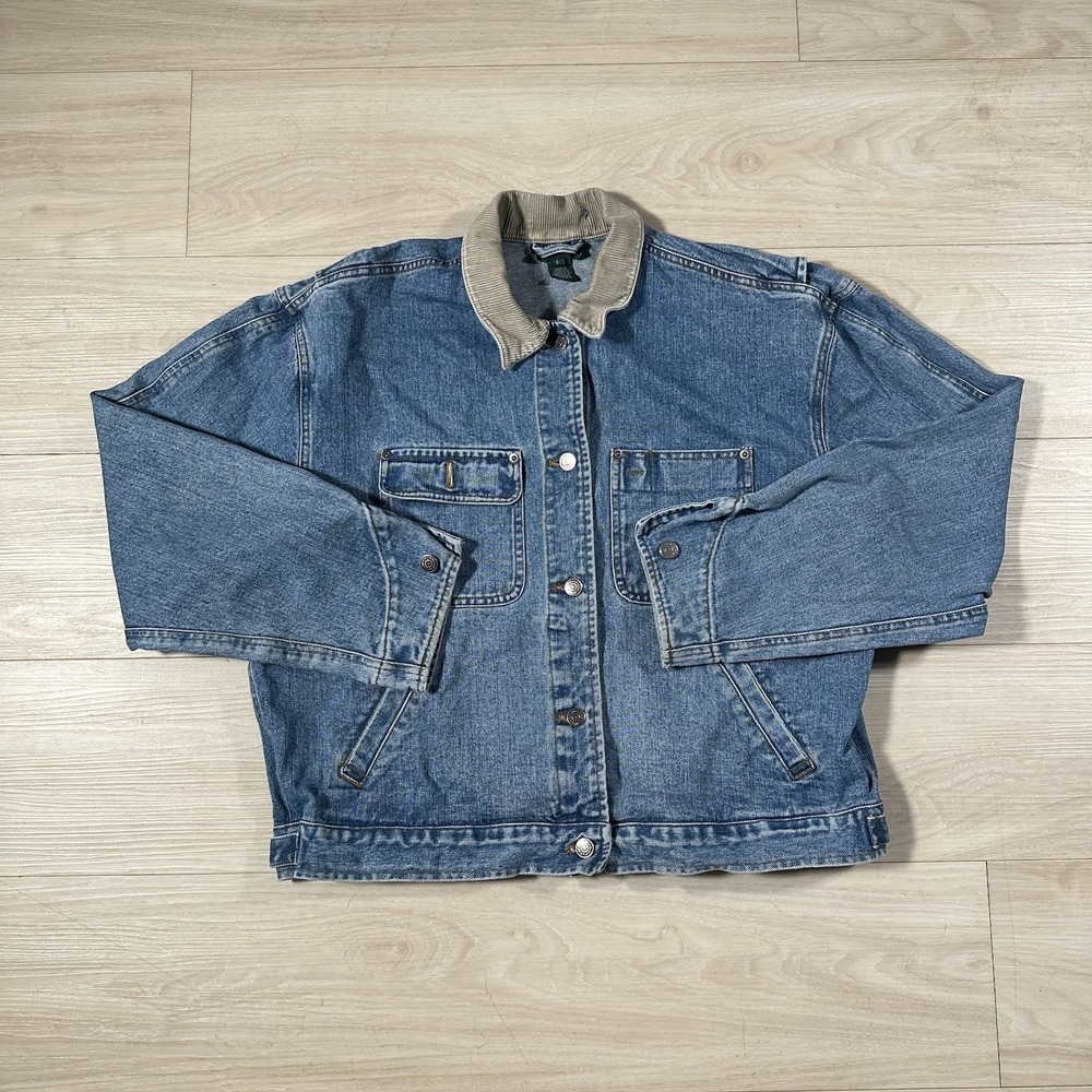 Vintage Lauren Ralph Lauren Denim Chore Coat Jacket Womens Large Corduroy Collar